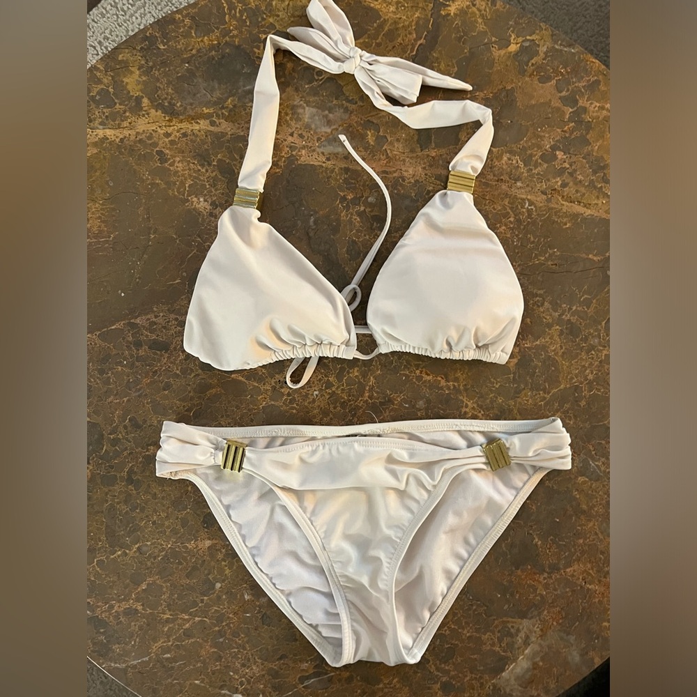 Bar III White Bikini with Gold Accents - Size L